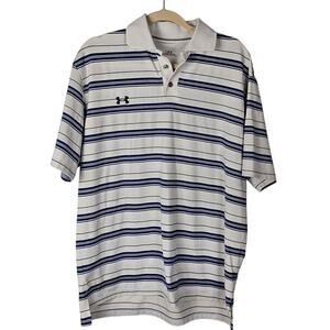 Under Armour polo shirt mens MD white blue stripe short sleeve